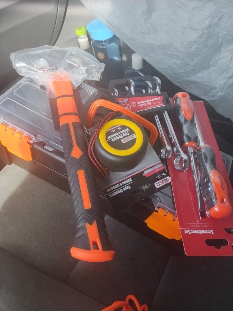 HAMMER,TAPE MEASURE, 6 SETS OF WRENCHES, SCREWDRIVER SET AND A TOOL BOX