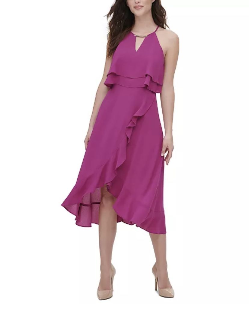 Brand New Woman’s Kensie brand Pink Ruffled Popover Chiffon Maxi Dress Up For Sale