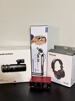 Audio Technica AT2040 Condenser Microphone, Tascam Headphones, FocusRite & Mic Stand