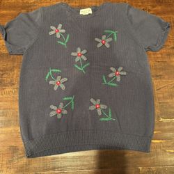Alfred Dunner Blue Floral Embroidered Beaded Pullover Sweater Short Sleeve M