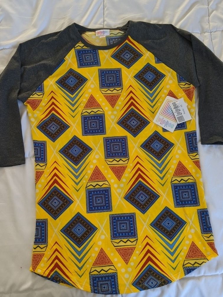 NEW Women's Lularoe Randy T Shirt Top 3/4 Sleeve Yellow Gray Size XS