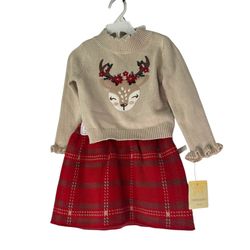 NEW Cynthia Rowley Christmas Skirt Sweater Set  Girls 24 Mo Reindeer Appliqué Front  Hair Clips 2 Piece Set NWT 