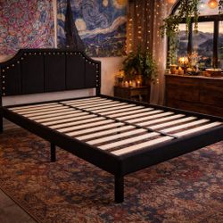 Full Size Fabric Bed Frame w/ Padded Headboard – Black