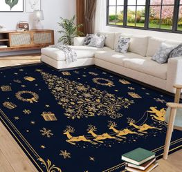 Christmas Area Rug 4x6 ft, Navy Blue with Gold Christmas Tree Pattern