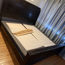 Dark Wood Bed Frame  And Dark Wood Dresser with Mirror