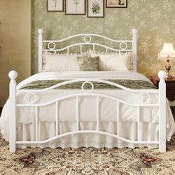 C185 $80 Queen Size Metal Bed Frame, Victorian Vintage Style, White 14 Inch, 3000LBS Heavy Duty Support, Iron-Art Headboard, Under-Bed Storage, No Bo