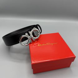 Ferragamo Belt with Silver Buckle and Black Leather With Box. ✅ Sizes 32-34