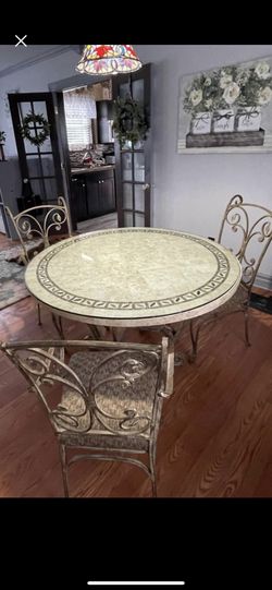 1.5 “ Thick  Handcrafted Mosiac Dining Room Table With 3 Rustic Cast Iron Chairs & .5” Glass Top