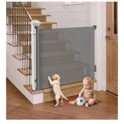 Retractable Baby Gate for Stairs, 55" Wide Mesh Pet Gate, Automatic Tension, One-Hand Op, 38" Tall