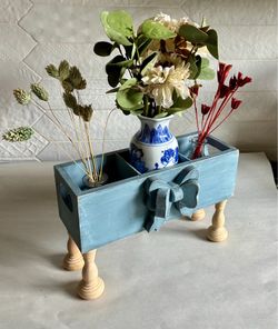 Upcycled Rustic Blue Decorative 3 Slot Wooden Organizer with Bow