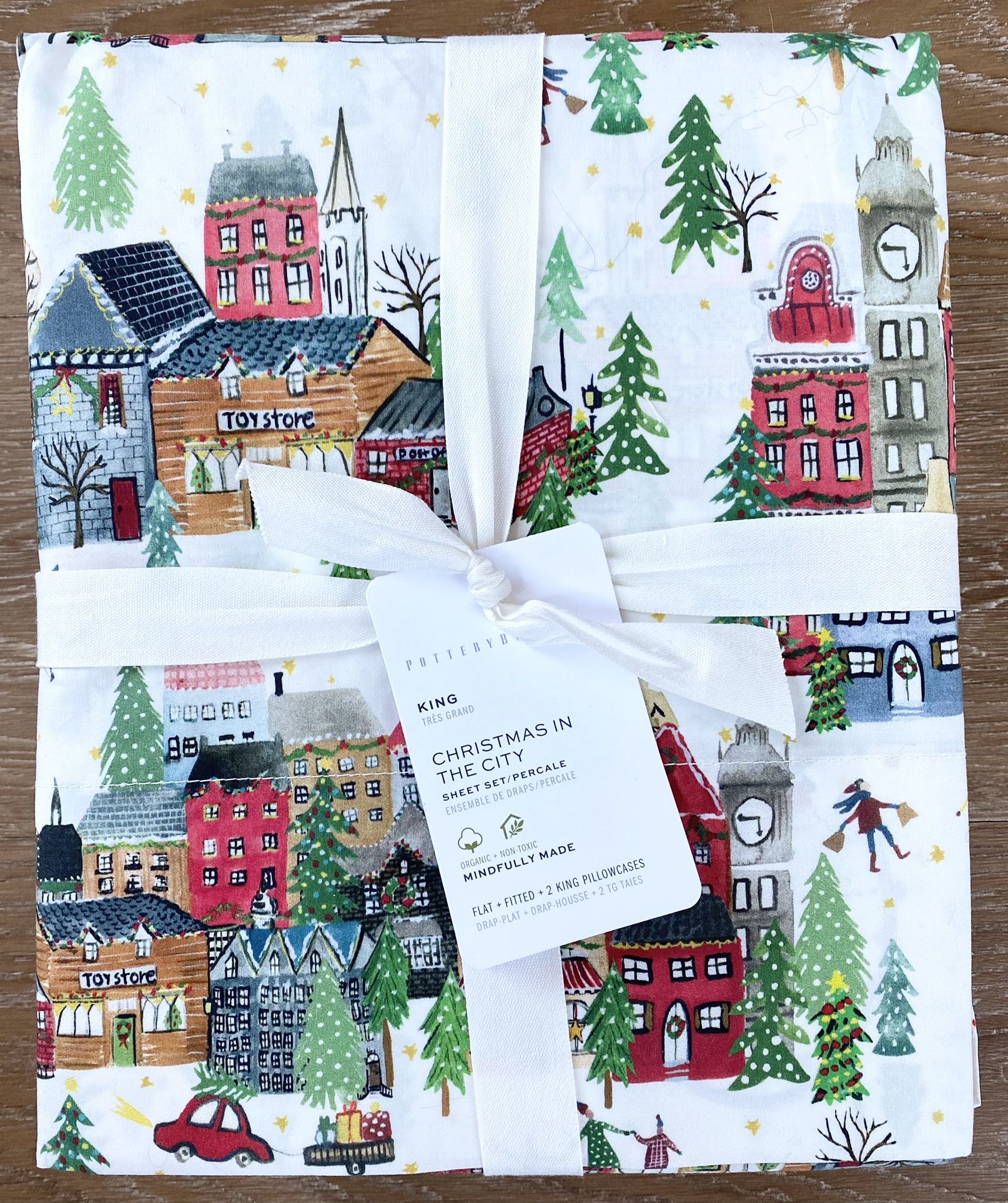 Pottery Barn Forest Christmas In the City Organic Cotton King Sheet Set, NWT Retail $149