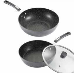 New Monfish Deep Frying & Wok Pan Set 12 inch wok & stir fry pan w lid,11 inch skillet frying pan w lid Non Stick Granite Stone Finish