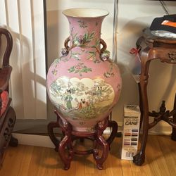 Large Hand-Painted Porcelain Vase with Stand