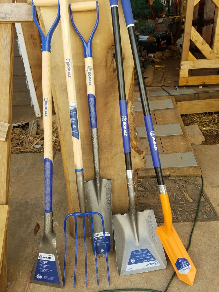 brand new Kobalt tools. pick axe , shouvels, pitchfork, scraper brand new