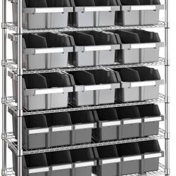 Seville Heavy Duty NSF Bin Rack Solid Steel Shelf Storage, Garage, Office Classroom Kitchen 16 Bins 