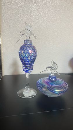 Art Glass Hummingbird Perfume Bottles Set of 2
