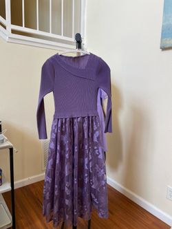Ankle Length Long Sleeve Purple Formal Dress with Butterfly and Flower Print on Lace Size M
