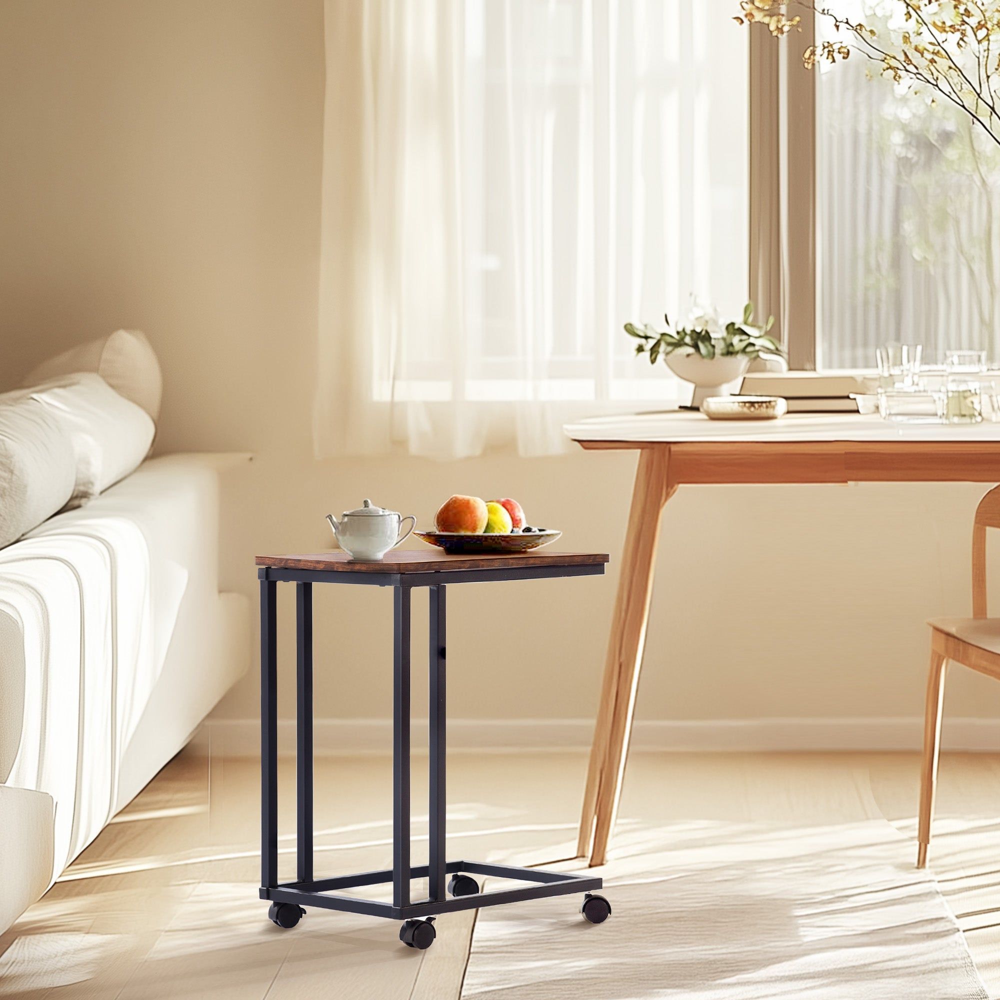 Homy Casa Jenden C-Shaped End Table, Mobile Side Table with Wheels