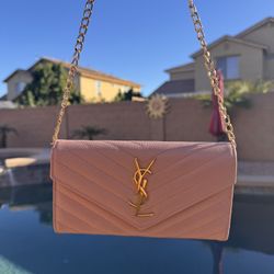 Authentic Yves Saint Laurent Grain de Poudre Leather Flap Wallet Crossbody Bag-Pink Beige