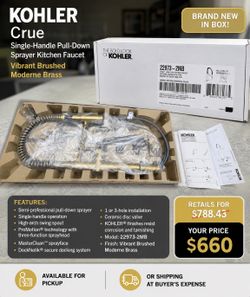 NEW Kohler Crue Pull-Down Kitchen Faucet 22973-2MB Vibrant Brushed Moderne Brass