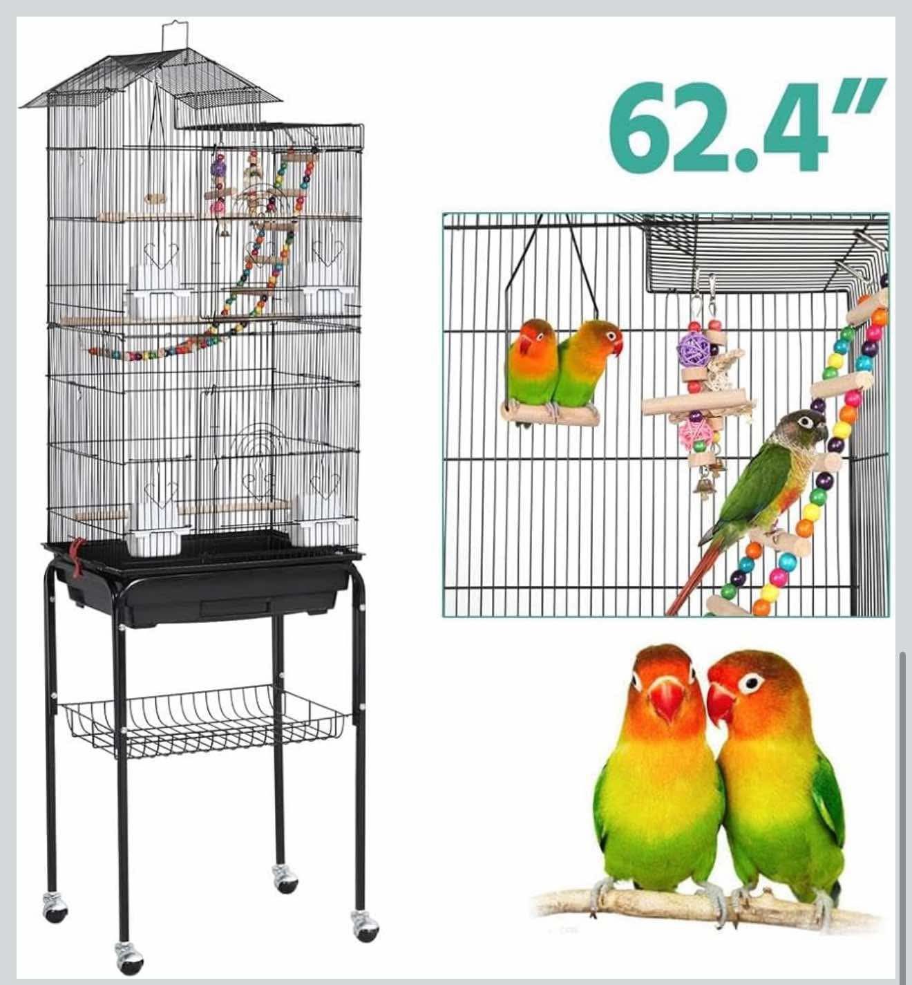Bird Cage 64-inch Play Open Top Medium Small Parrot Parakeet with Detachable Rolling Stand for Parrot J-3