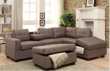 Brand new 102" x 81" grey or brown storage sectional + ottoman
