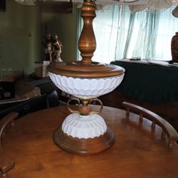 Vintage Milk Glass Maple Wood Lamp With Table 