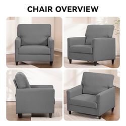 Mid-Century Accent Chair,Modern Upholstered Linen Fabric Chair with Thick Cushion&Solid Legs,Comfy Single Sofa Armchair for Living Room,Bedroom(Grey)