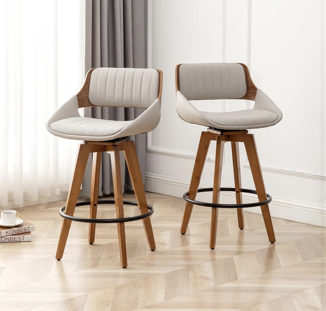 Swivel Bar Stools Set of 2 Mid Century Modern Faux Leather Upholstered Bar Height Barstools,Kitchen Island Wooden Bar Chairs,29.5-Inch Armless