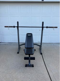 Fitness Gear adjustable Utility Bench, Rack & cap 45Lb 7ft Olympic barbell $180