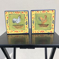 2 Fired Clay and Glazed Hand Painting of Roosters