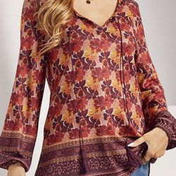 Women's Red Floral Bishop-Sleeve Tunic. Size XL. Brand new. Never worn. Excellent condition