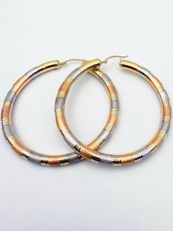 14k tri color solid gold Rounded Satin Smooth Hoop Earrings Diameter 2.6”