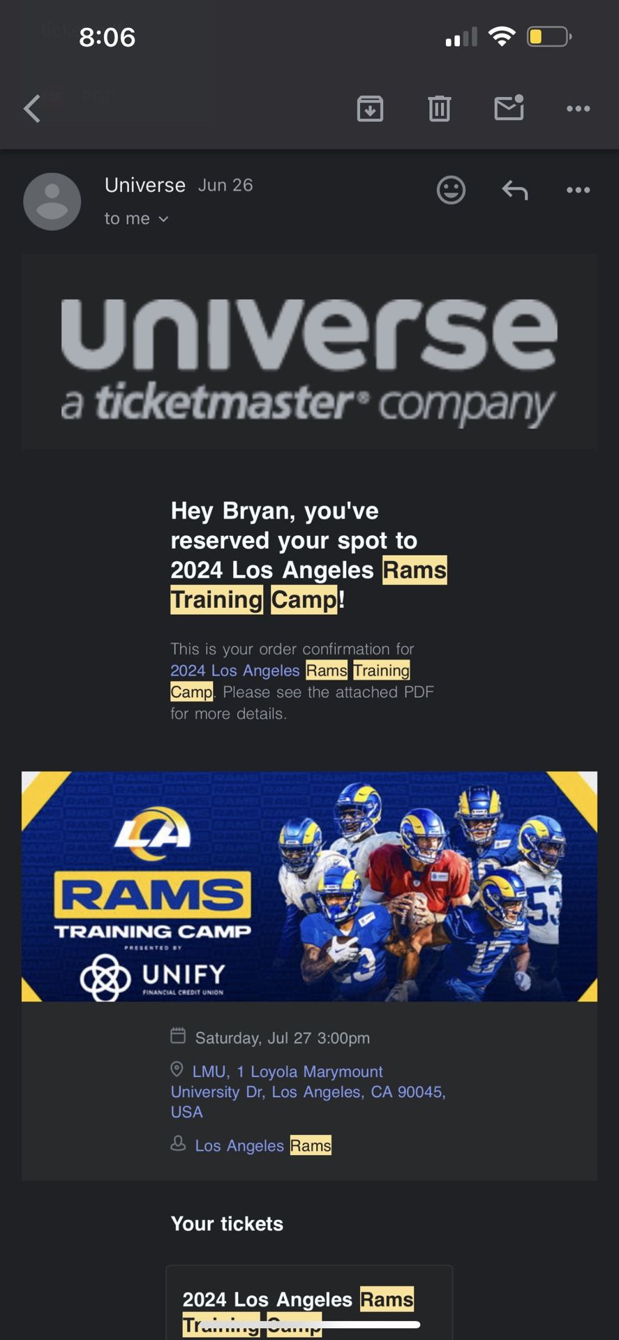 Los Angeles Rams Training Camp June 27 (Last 2 Tickets Available For Transfer )