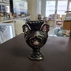 Japanese Styled Black Glazed Ceramic Vase W/Gold Accents & Pink Flower Design 8"H X 5.25"W