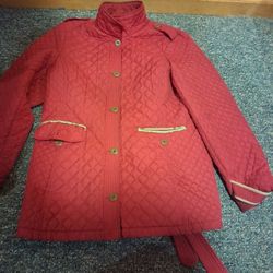 Lands' End Women's Pink Red Plaid Quilted Trench Jacket with Belted Primaloft L