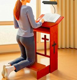 Prayer Bench Stool with LED Lamp, Table Chair Padded Kneeler Shelf Folding Wooden Church