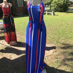 Blue Striped Maxi Dress With Pockets