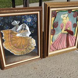 Pair of Vintage Framed Art, Mexican Folklore
