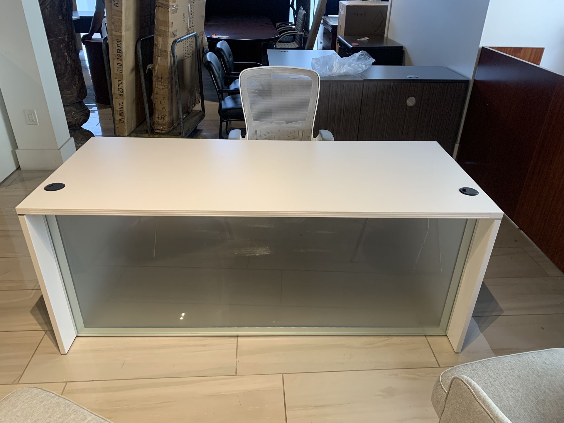 Modern Desk White With Glass 30”x72”