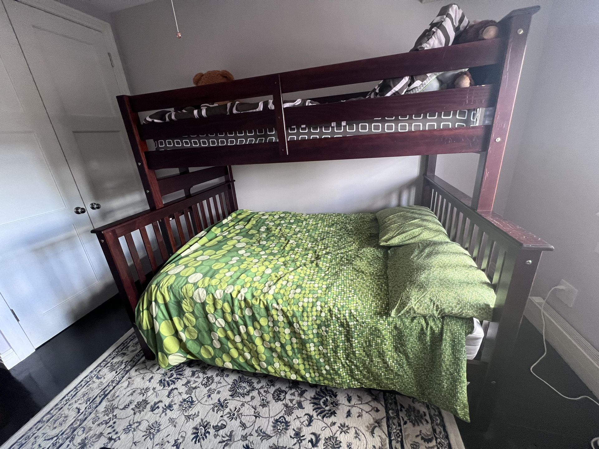 Twin over Full Solid Wood Bunk Bed with Trundle, Dark Cherry