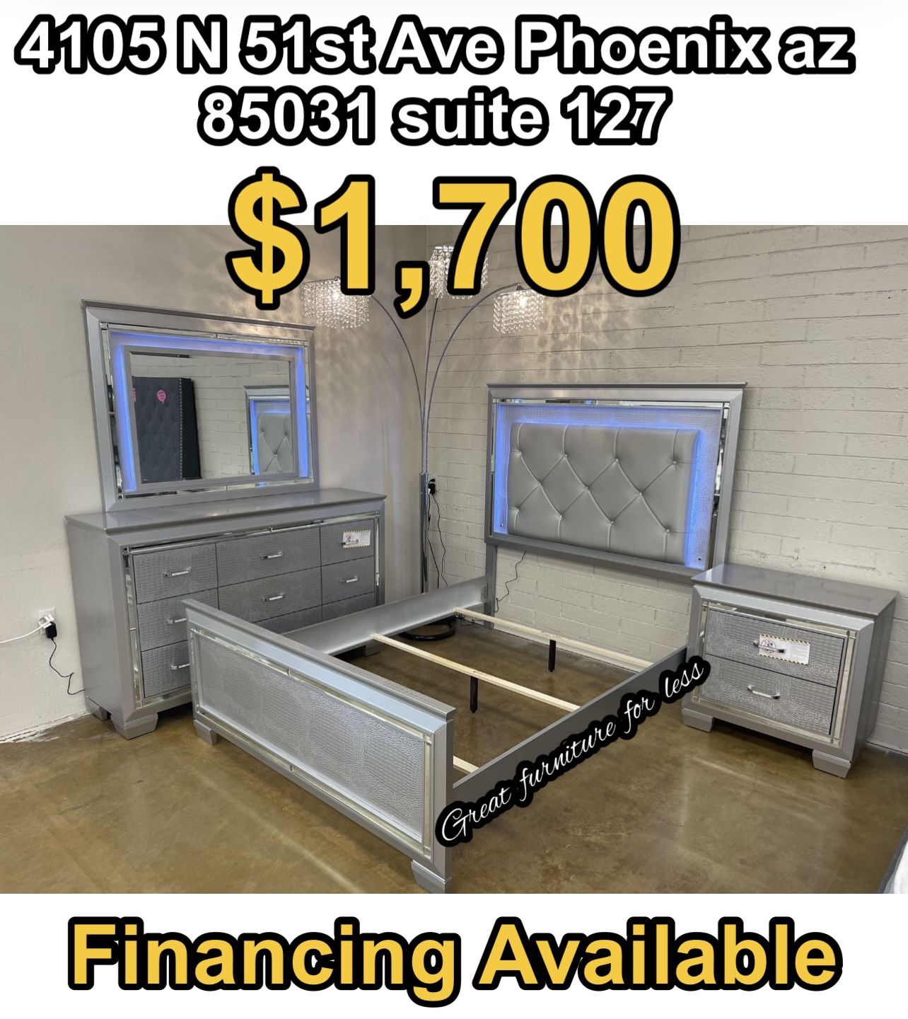 4 PCs Queen Size Led Bedroom Set Include Bed Frame Dresser Mirror And 1 Nightstand Brand New