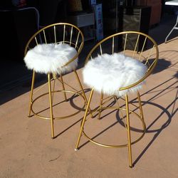 Set of 2 White Faux Fur and Gold Swivel Counter Height Stools 