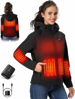WASOTO Heated Jackets for Women, 18400 mAh Battery Pack, Water-Resistant Slim Fit with Detachable Hood, Black, Medium
