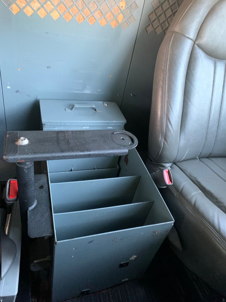 Cargo van cab file cabinet between seats storage desk laptop swivel Ford Chevy Dodge GMC Savanna Astro E350 Express