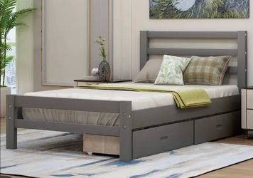 Gray wood twin bed frame w/2 rollout drawers below $125, Sealy mattress $50
