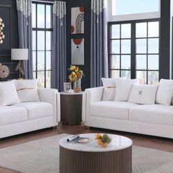 New Two-Piece Sofa Loveseat  White With Gold