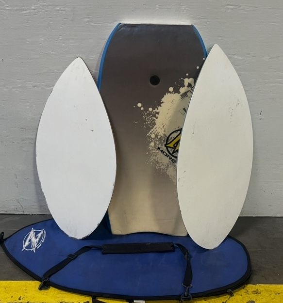 Two skim boards and a boogie board skim boards have a case