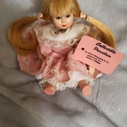 Porcelain doll 6" Pink Gingham Dress
