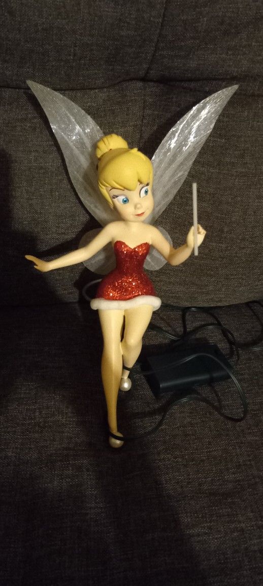 Disney Tinkerbell Peter Pan Red Glitter Dress Figurine Light Up Tree Topper